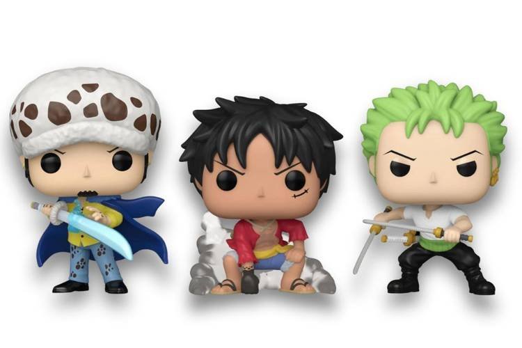 Funkos Pop! dos personagens Luffy, Zoro e Tralfagar Law de One Piece